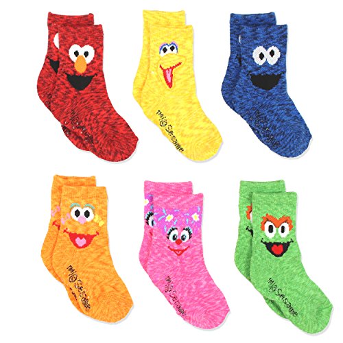 Sesame Street Elmo Unisex-Child, Boys, Girls Multi Pack Crew Socks with Grippers, 6 Pack, Abby Zoe 6 Pk, 2-3T