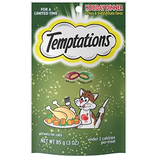 TEMPTATIONS Classic, Crunchy and Soft Cat Treats, Holiday Dinner Turkey and Sweet Potato Flavor, 3 oz. Pouch