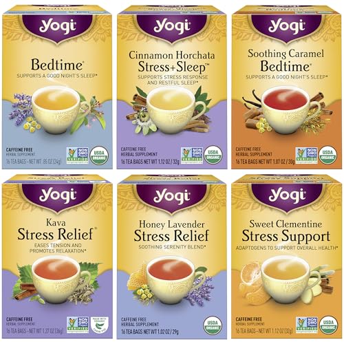 Yogi Tea Stress Relief & Herbal Tea Variety Pack - 16 Tea Bags per Pack (6 Packs) - Organic Herbal Tea Sampler - Includes Bedtime Tea, Kava Stress Relief Tea, Soothing Caramel Bedtime Tea & More
