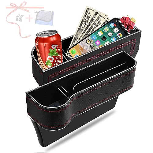 Car Seat Gap Filler Organizer, 2 Pack Multifunctional Car Seat Organizer, Auto Console Side Storage Box with Cup Holders 2 Seat Hooks for Drink, Car Organizer Front Seat for Holding Phone, Sunglasses.