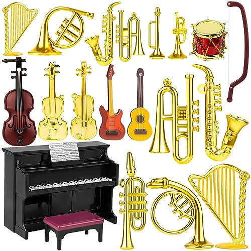 Dollhouse Musical Instruments, Miniature Violin Guitar Piano Drum Trumpet Mini Figurine Ornament for Mini House Musical Room Furnishin