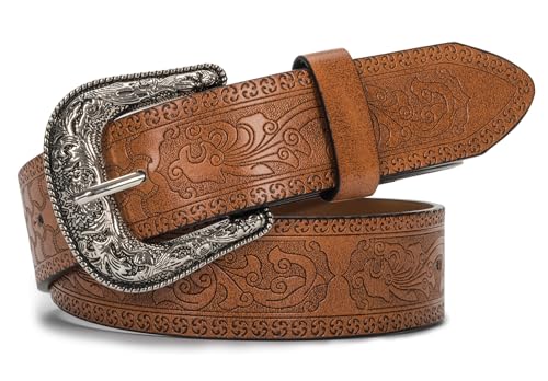 Vintage Western-Cowboy-Belt for Women Men - Carved Buckle PU Leather Waist Belts (for Waist 28'-39')