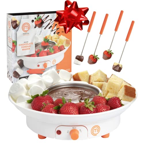 MasterChef Chocolate Fondue Maker- Deluxe Electric Dessert Fountain Fondue Pot Set w 4 Forks & Party Serving Tray -Melting, Warming Caramel, Cheese, Sauce, Romantic Date, Fun Birthday Christmas Gift