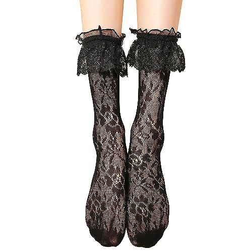 Lovful Women's Lace Anklet Sock with Ruffle, 2 Pairs Set,Black