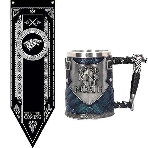 Edgell House - Game of Thrones Merchandise House Stark Gift Set - Game Of Thrones House Banner - Game of Thrones Sigil Tankard - Game Of Thrones House Stark Sigil
