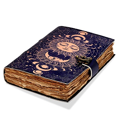 Sun & Moon Printed Journal, Handmade Deckle Edge Old Unlined Paper, Sun moon Journal, Leather Sketchbook, Leather Notebook, Leather Journal for Men, Leather Journal for Women, Drawing Journal (9 x 6 Inch, - Sun & Moon)