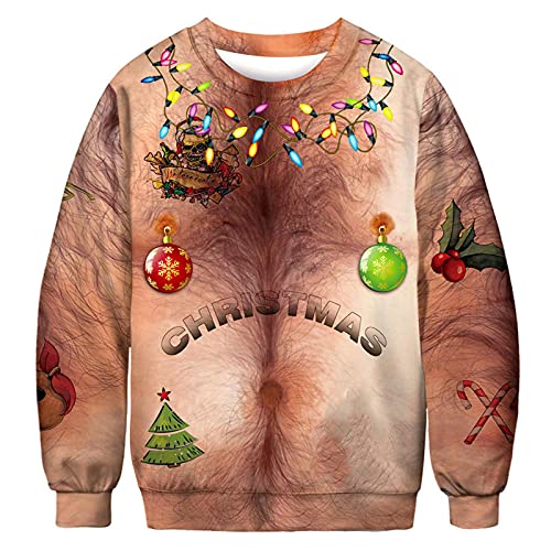 hymyyxgs Mens Ugly Christmas Sweatshirt Funny Design Pullover Sweater for Xmas Holiday Party 3D Christmas Printi Khakia