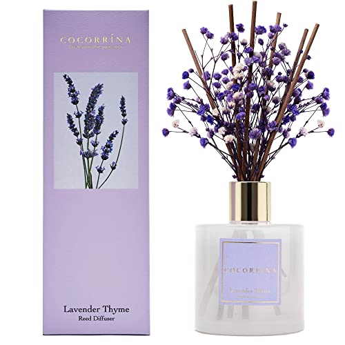 Cocorrína Premium Reed Diffuser Set with Preserved Baby's Breath & Cotton Stick Lavender Thyme | 6.7oz Scent Fragrance Lavender Oil Diffuser for Bedroom Bathroom Home Décor
