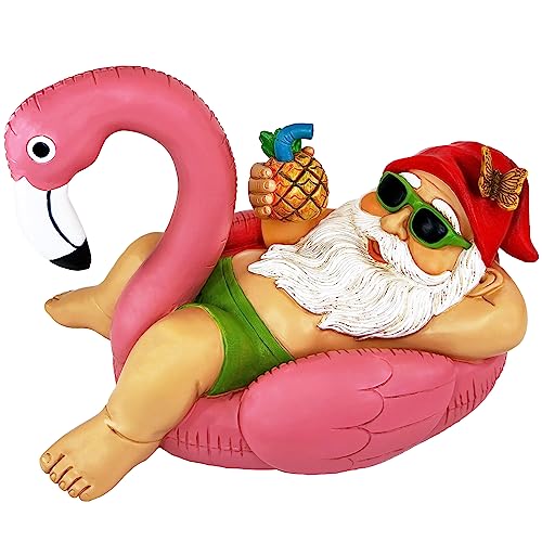 Mood Lab Garden Gnome on Flamingo - Funny Gnome Figurine - 8 Inch Depth Lawn Statue - for Outdoor or House Decor