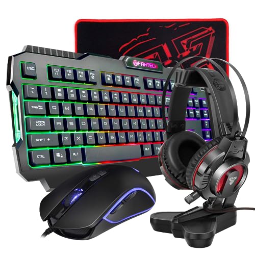 FANTECH P51SE Gaming Keyboard and Mouse, Gaming Headset and Headphone Stand, Gaming Mouse Pad Combo - Wired RGB Rainbow Backlit PC Gamers Basic 5 in 1 Gaming Set - Black