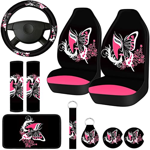 Frienda Butterfly Car Seat Covers for Women Butterfly Car Accessories Interior Seat Covers Rubber Steering Wheel Wrist Strap Armrest Seatbelt Cover Keychain(Delicate Style)