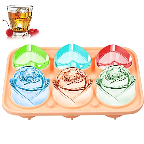 KooMall Heart Rose Ice Cube Molds, 3D Large Ice Trays, Silicone Flower Ice Mold, Make 3 Heart & 3 Rose Shape Ice Cubes, Cute Fun Rubber Ice Ball Maker for Cocktails Juice Whiskey Bourbon Freezer, Pink