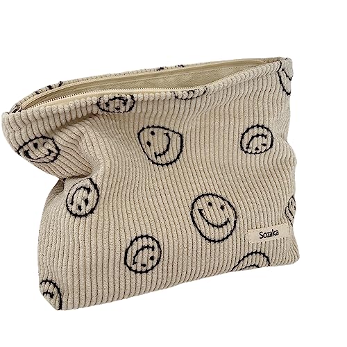 Cosmetic Bags for Women - Corduroy Cosmetic Bag Aesthetic Women Handbags Purses Smile Dots Makeup Organizer Storage Makeup Bag Girls Case Bags (Beige)