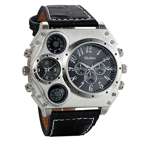 Avaner Mens Big Face Watch, Dual Time Zone Leather Strap Sport Watch, Analog Quartz Wrist Watch with Decorative Compass Thermometer Dial