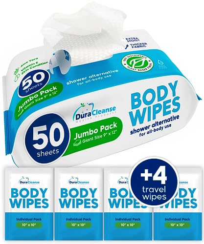 XL Body Wipes (50 Count) + 4 Travel Bath Wipes - 9' x 12' No Rinse Thick Cleansing Shower Wipes, Disposable Bathing Washcloths for Adults for Camping, Tailgating, Glamping & Elderly Incontinence