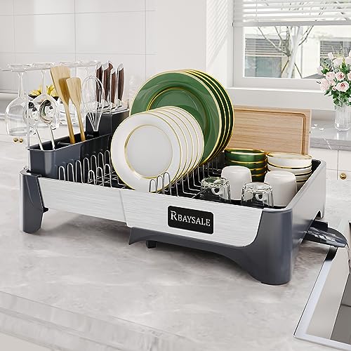 RBAYSALE Large Expandable Stainless Steel Dish Rack With Aluminum Pull Plate, Wine Glass Holder and Utensil Holder