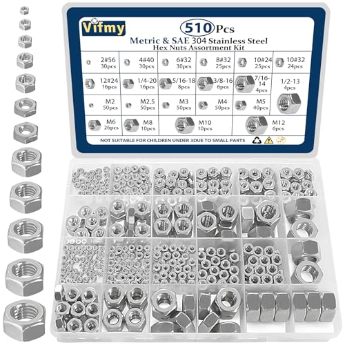 Vifmy 2 in 1 SAE & Metric Hex Nut Assortment Kit(510pcs),2#56 4#40 6#32 8#32 10#24 10#32 12#24 1/4-20 5/16-18 3/8-16 7/16-14 1/2-13 M2 M2.5 M3 M4 M5 M6 M8 M10 M12 304 Stainless Steel Nuts Set