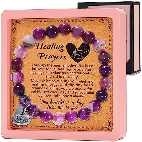 LEJIAJINW Encouragement Get Well Soon Gifts for Women, Healing Inspirational Breast Cancer Gifts for Women Teen Girls Best Friend, Purple Natural Stone Bracelets