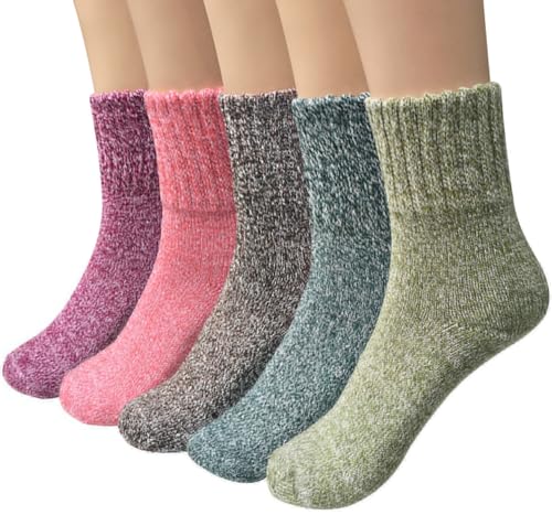 YSense Wear 5 Pairs Womens Wool Socks Thick Knit Warm Winter Socks for Women Cozy Comfy Socks Gifts, B-Dark Red/Crimson/Orange/Green/Cyan