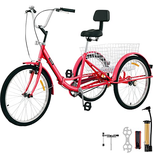 Happybuy Foldable Tricycle 24 Wheels, 1-Speed Red Trike, 3 Wheels Colorful Bike with Basket, Portable and Foldable Bicycle for Adults Exercise Shopping Picnic Outdoor Activities