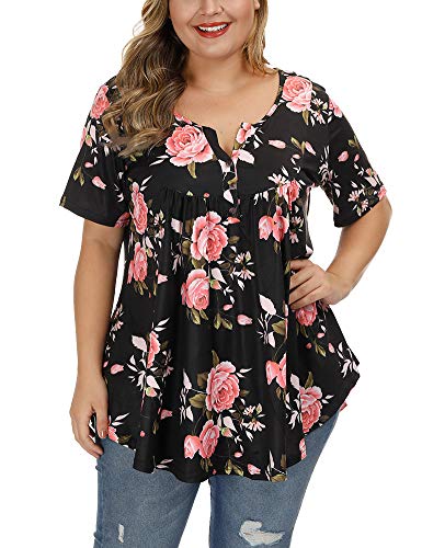 ALLEGRACE Women's Plus Size Blouses Short Sleeve Henley Shirts Button Up V Neck Floral Pleated Tunic Tops Black 3X