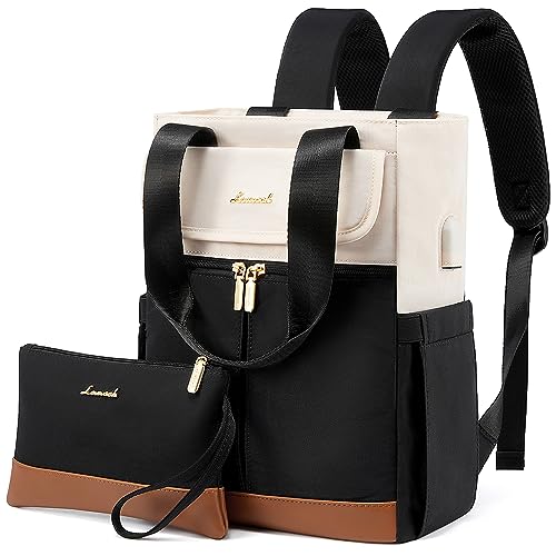 LOVEVOOK Backpack Purse for Women, Convertible Small Backpack Tote for Woman, Mini College Daypack for Work, Daily, Travel, 2pcs set, Black-Cream