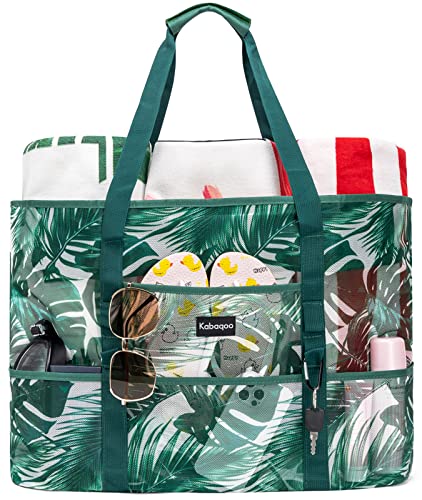 KABAQOO Mesh Beach Bag, Extra Large Beach Bags with 9 Pockets & Zipper Waterproof Lightweight Beach Tote for Beach/Pool Trip