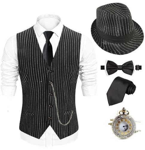 EFORLED 1920s Mens Costume Fedora Hat,Gatsby Gangster Vest,Vintage Pocket Watch,Pre Tied Bow Tie,Tie,TT-XL1