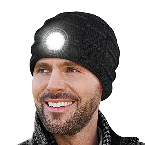 PASTACO Stocking Stuffers for Men LED Hat with Light - Chirstmas Birthday Gifts for Men Dad Him Adult Teens, Winter Soft Warm Lighted Beanie Headlamp for Camping Fishing Hiking Hunting