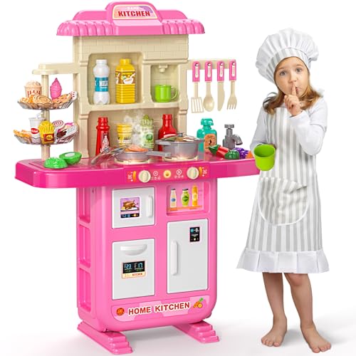 TEMI Pretend Food Kitchen Toys for Kids Ages 4-8, Kitchen Set for Toddlers 1-3, Play Kitchen Accessories w/Real Sounds Light, for Boys, Girls