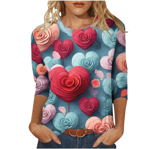 HGps8w 3/4 Sleeve Valentine's Day Shirts for Women Love Heart Printed Romantic Dating Tops Loose Fit Dressy Crewneck Blouses