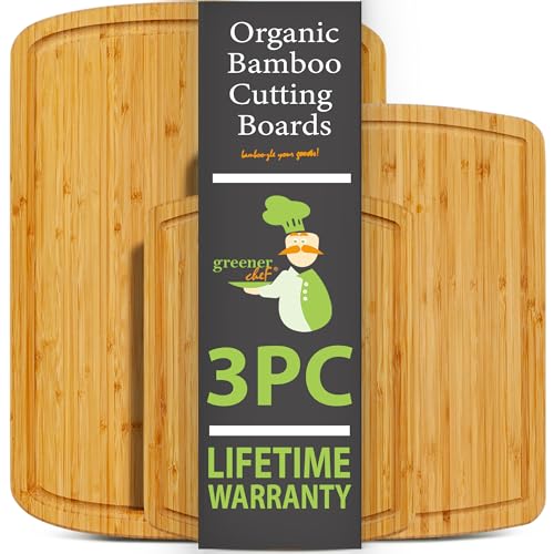 Organic Bamboo Cutting Board Set of 3 with Lifetime Replacements - Wood Cutting Board Set with Juice Groove - Wooden Chopping board Set for Kitchen, Meat and Cheese - Single Tone