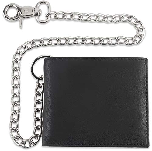 F&L CLASSIC RFID Blocking Mens bi-fold Style Cowhide Leather Steel Chain Wallet, texas black