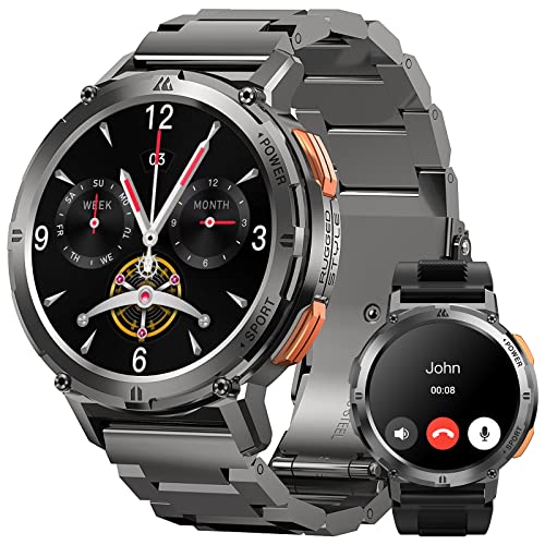 AMAZTIM Smart Watches for Men, 60 Days Extra-Long Battery, 50M Waterproof, Military Bluetooth Call(Answer/Calls) Fitness Watch, 1.43' HD AMOLED, AI Assistant/Full Metal Body, Stainless Steel Strap