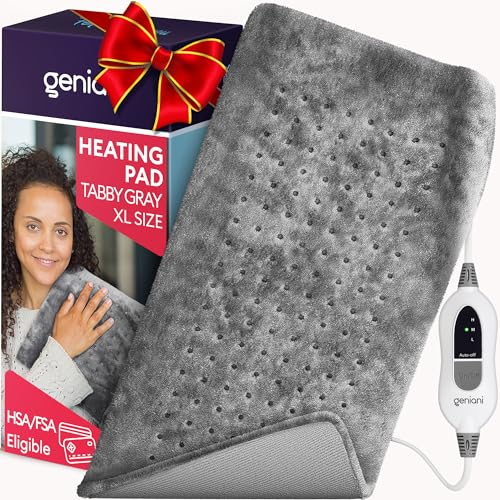 GENIANI XL Heating Pad for Back Pain & Cramps Relief, FSA HSA Eligible, Auto Shut Off, Machine Washable, Moist Heat Pad for Neck and Shoulder, Electric Heat Patch for Knee, Leg, Tabby Gray 12'‘×24’’