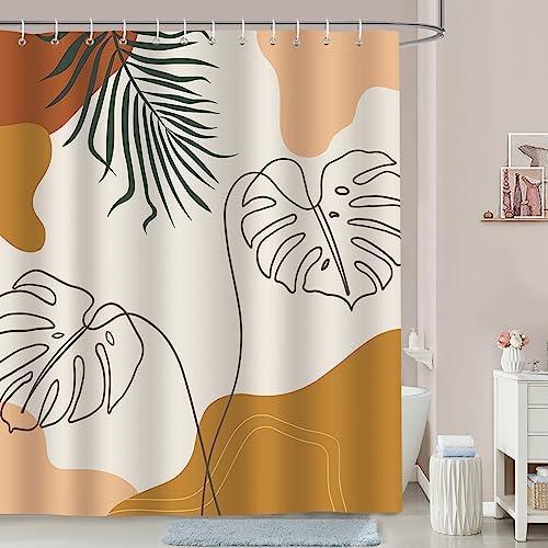 Bonhause Abstract Boho Brown Shower Curtain 72 x 72 Inch Mid Century Modern Minimalistic Leaves Aesthetic Decorative Bath Curtain Polyester Fabric Waterproof Bathroom Curtain with 12 Hooks