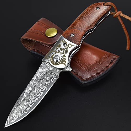 AUBEY Damascus Pocket Knife with Clip, Damascus Knife Folding Knife with VG10 Damascus Steel Blade, Wooden Handle, Leather Sheath - Foldable EDC Knife for Outdoor Survival Collection Gift