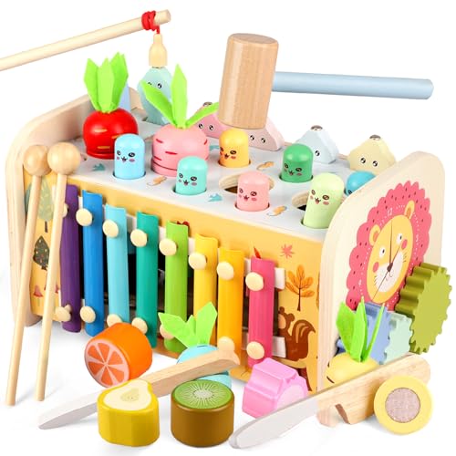 Lterfear 9 in 1 Montessori Toys for 1 Year Old Wooden Hammering Pounding Toy Whack A Mole Game for Toddlers with Xylophone Fishing Toddler Activities for Baby 1 2 3 Year Old Birthday