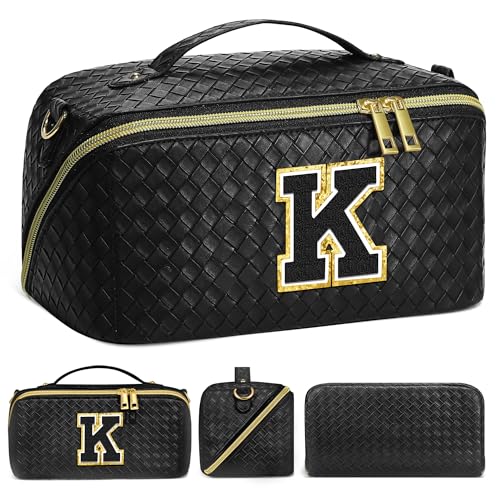 YOOLIFE Personalized Makeup Bag for Women - Initial Make Up Bag Travel Makeup Bag Crossbody Bags for Women Trendy Travel Cosmetic Bag Makeup Bag Birthday Gifts for Women Gifts for Christmas Black K