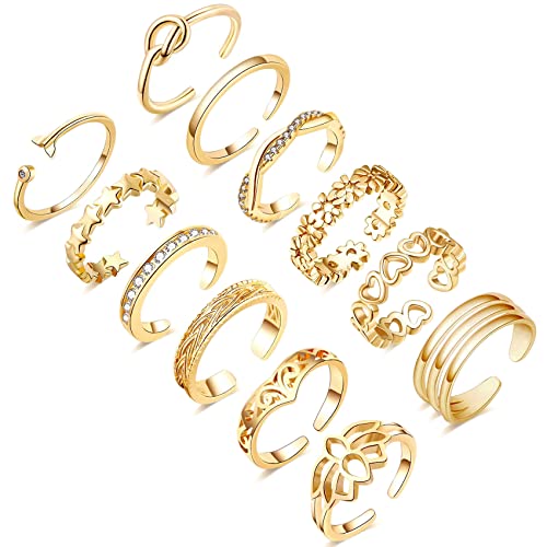 Honsny 12PCS 14K Gold Plated Toe Rings for Women Adjustable Band Rings Open Flower CZ Toe Ring Set Beach Foot Jewelry