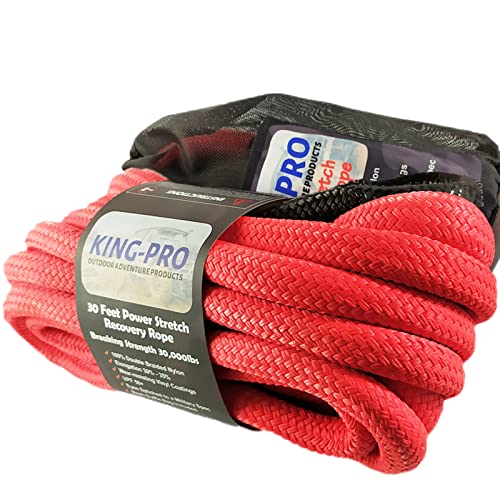 KING-PRO Kinetic Recovery Rope 7/8“x30' Towing Rope 30,000lbs Breaking Strength 100% Nylon Made Heavy Duty Offroad Snatch Rope 30% Stretches for Full-Size Truck Large SUVs Offroad Vehicels (Red)