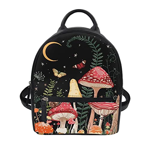 Showudesigns Mushroom Mini Backpack Purse for Women Teen Girls Shoulder Bag Butterfly Moon Night Daypack Small Travel Shopping Bag Handbag Tote Black