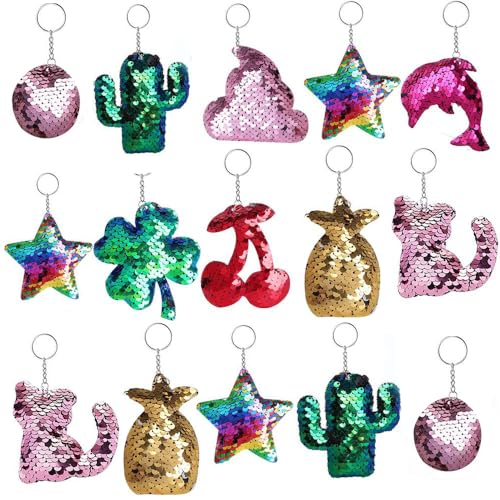 Outee Sequin Keychain 15 Pcs Flip Sequin Keychain for Mermaid Tail Clover Cat Animals Shape Christmas Gift Party Favors for Kids Adults Party Favors Gift Back to School Gifts 15 Different Designs