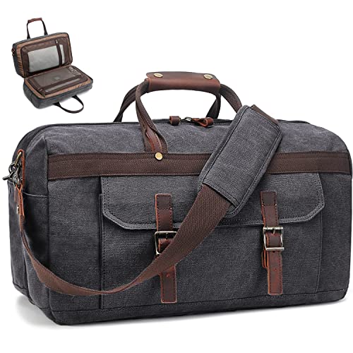 Duffle Bag for Men Waterproof Genuine Leather Canvas Travel Duffel Bags for Women Overnight Weekender Bag for Traveling, Black