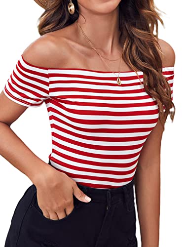 Women's Short Sleeve Vogue Fitted Off Shoulder Shirt Modal Top T-Shirt (Small, Red Stripe)