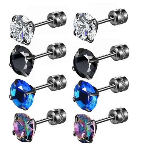 Hopply 4 Pairs Titanium Screw Back Surgical Stainless Steel Stud Earrings for Women Men,Rainbow 5A Cubic Zirconia Studs Double Side Earrings Piercing Sleeper Studs Jewelry 6mm