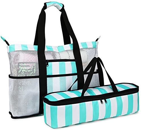 CAMTOP Beach Bag with Cooler Large Mesh Beach Tote with Zipper and Pockets Family Travel Pool Bag for Beach Picnic(Turquoise)