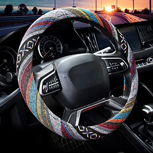 Valleycomfy Cloth Steering Wheel Covers for Women Bohemian Universal 15 inch Baja Blanket Enthic Grey