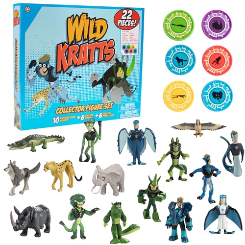 Wild Kratts 22-Pack Action Figure Set - Officially Licensed, Includes 3' Chris & Martin Kratt, Creature Figurines & Discs - Ages 3+
