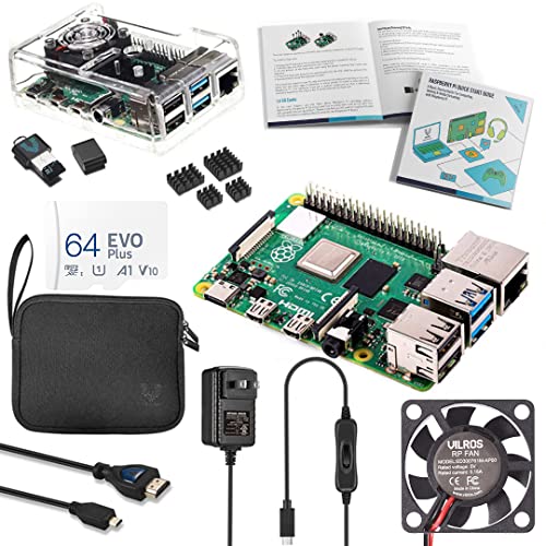 Vilros Raspberry Pi 4 Complete Starter Kit- Includes Raspberry Pi 4 Board, Fan Cooled Case, 64GB Preloaded Micro SD Card and More (4GB, Clear Transparent Case)